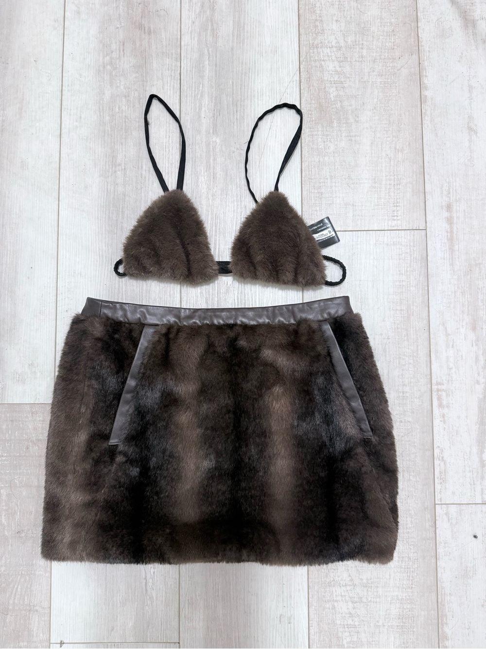 Faux Fur Bralette and Mini Skirt Set - Brown